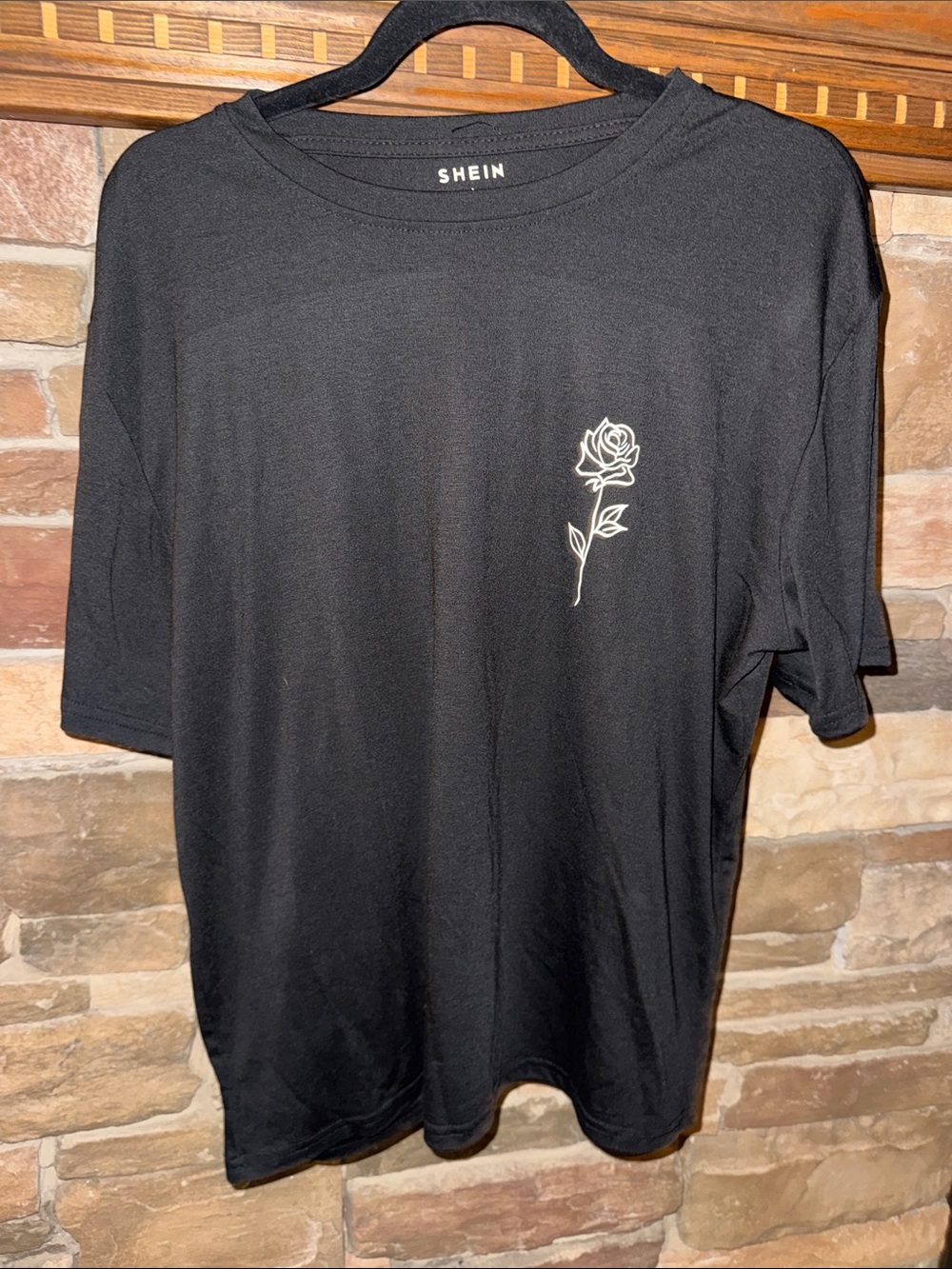 SHEIN Black Short Sleeve Tee with White Rose Outline